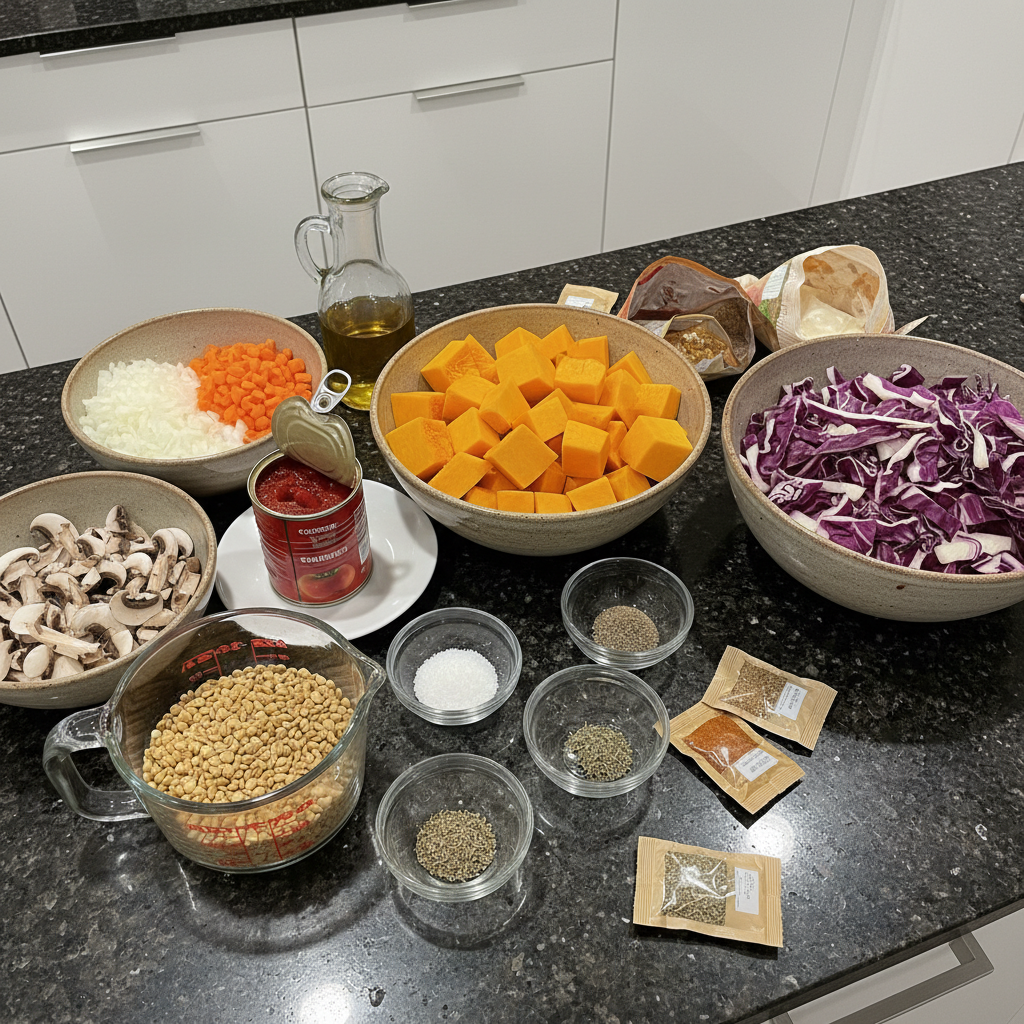 Fresh ingredients for winter soup recipes: carrots, celery, broth, herbs.