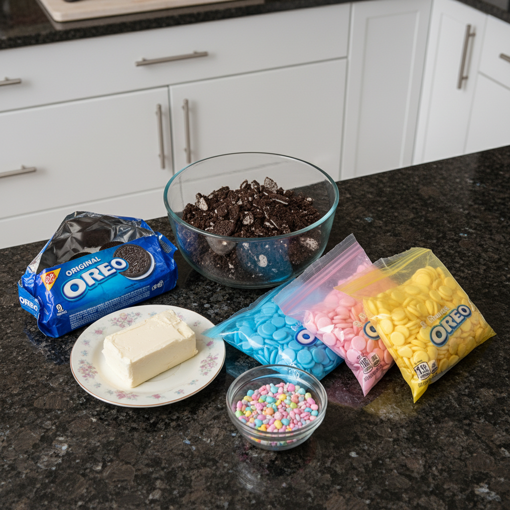 3-ingredient-oreo-easter-treats-ingredients Ingredients for 3 ingredient Oreo Easter treats: Oreos, cream cheese, melting chocolate.