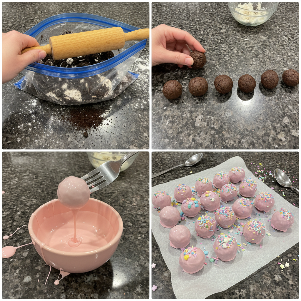3-ingredient-oreo-easter-treats-prep Step-by-step prep of 3 ingredient Oreo Easter treats, rolling into balls.
