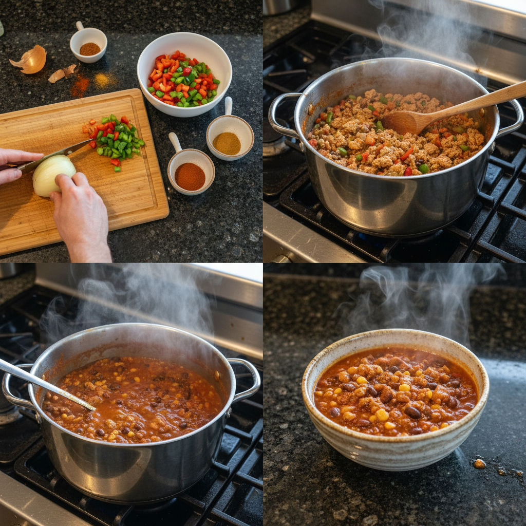 Ground turkey being browned in a pot for 30-minute turkey chili.