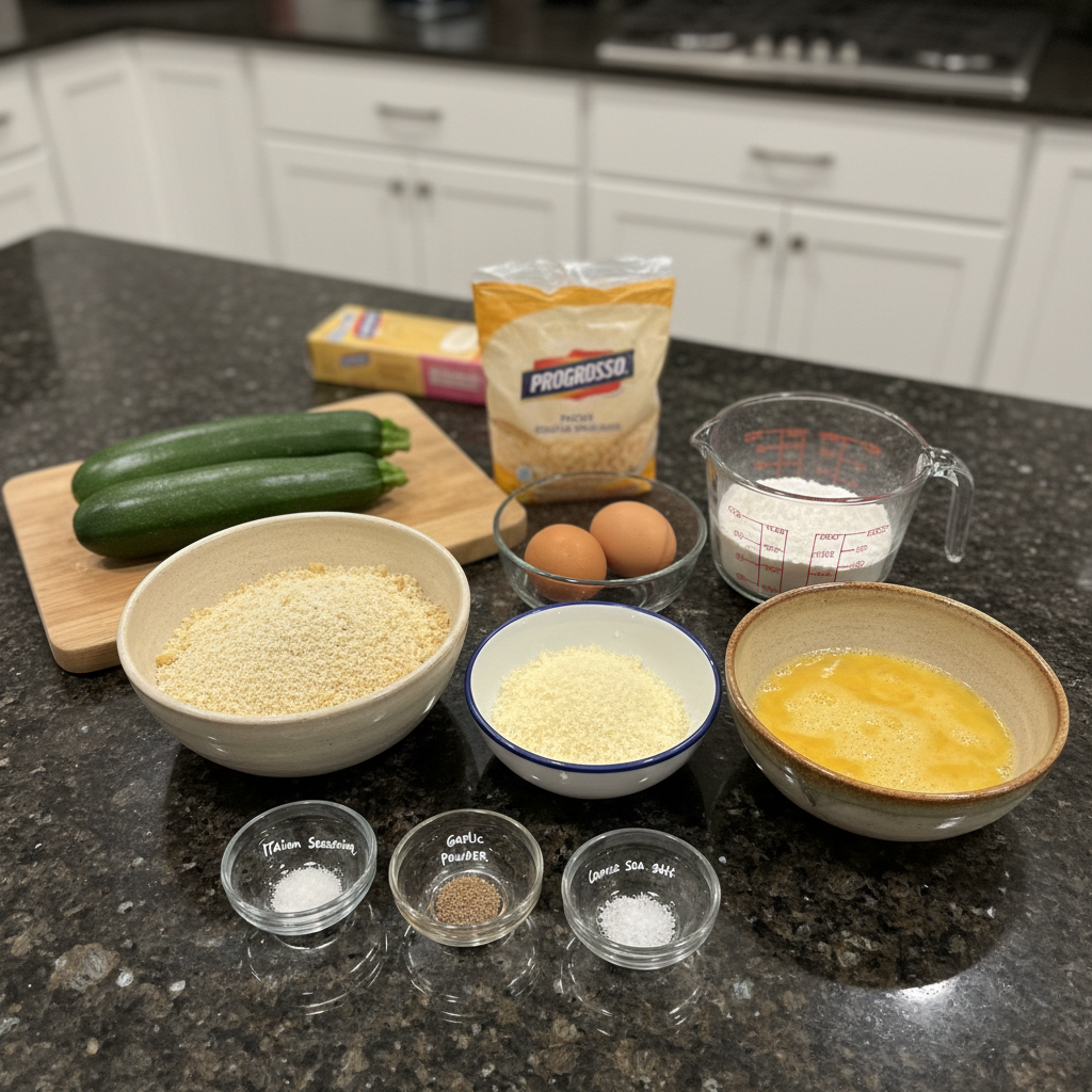 air-fryer-zucchini-fries-ingredients Air fryer zucchini fries ingredients: zucchini, breadcrumbs, parmesan cheese, and spices