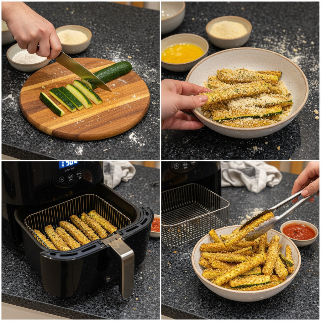 air-fryer-zucchini-fries-prep Preparing air fryer zucchini fries: coating zucchini in breadcrumbs
