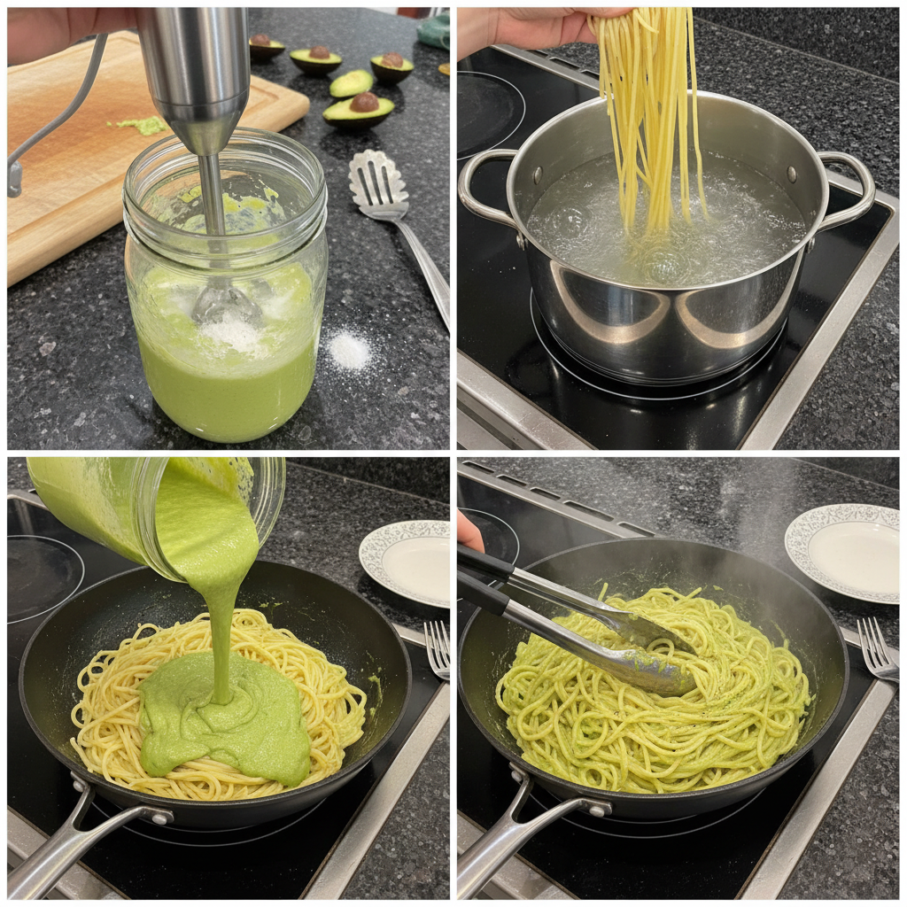 Blending avocado alfredo sauce in a food processor.