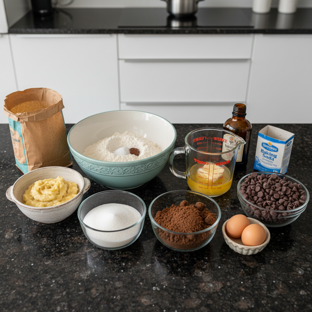 All the key ingredients for baking banana bread cookies, measured out.