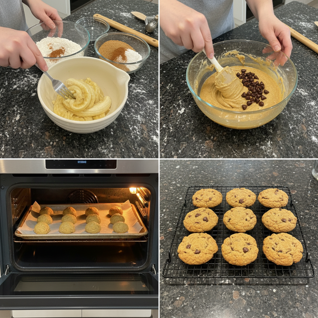 Mixing banana bread cookies batter in a bowl with a hand mixer.