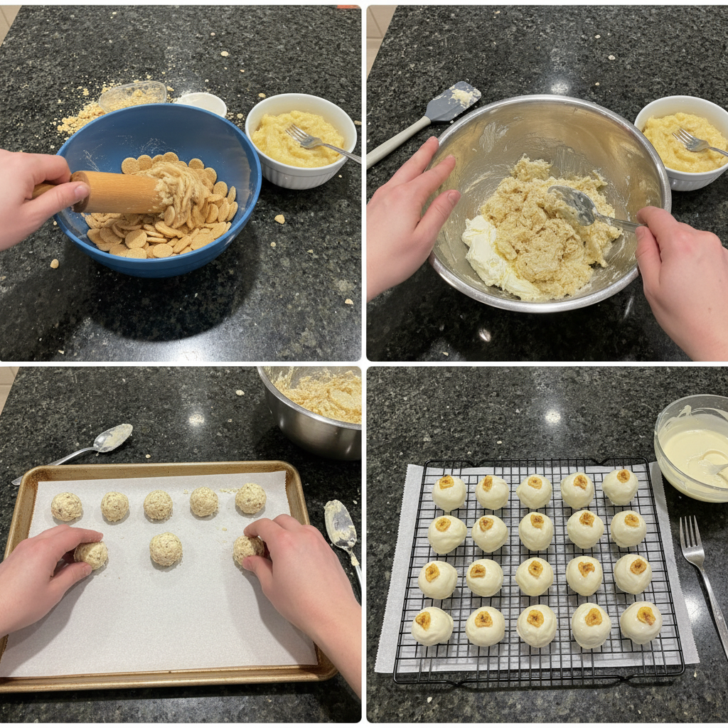 Step-by-step preparation of banana pudding easter truffles.