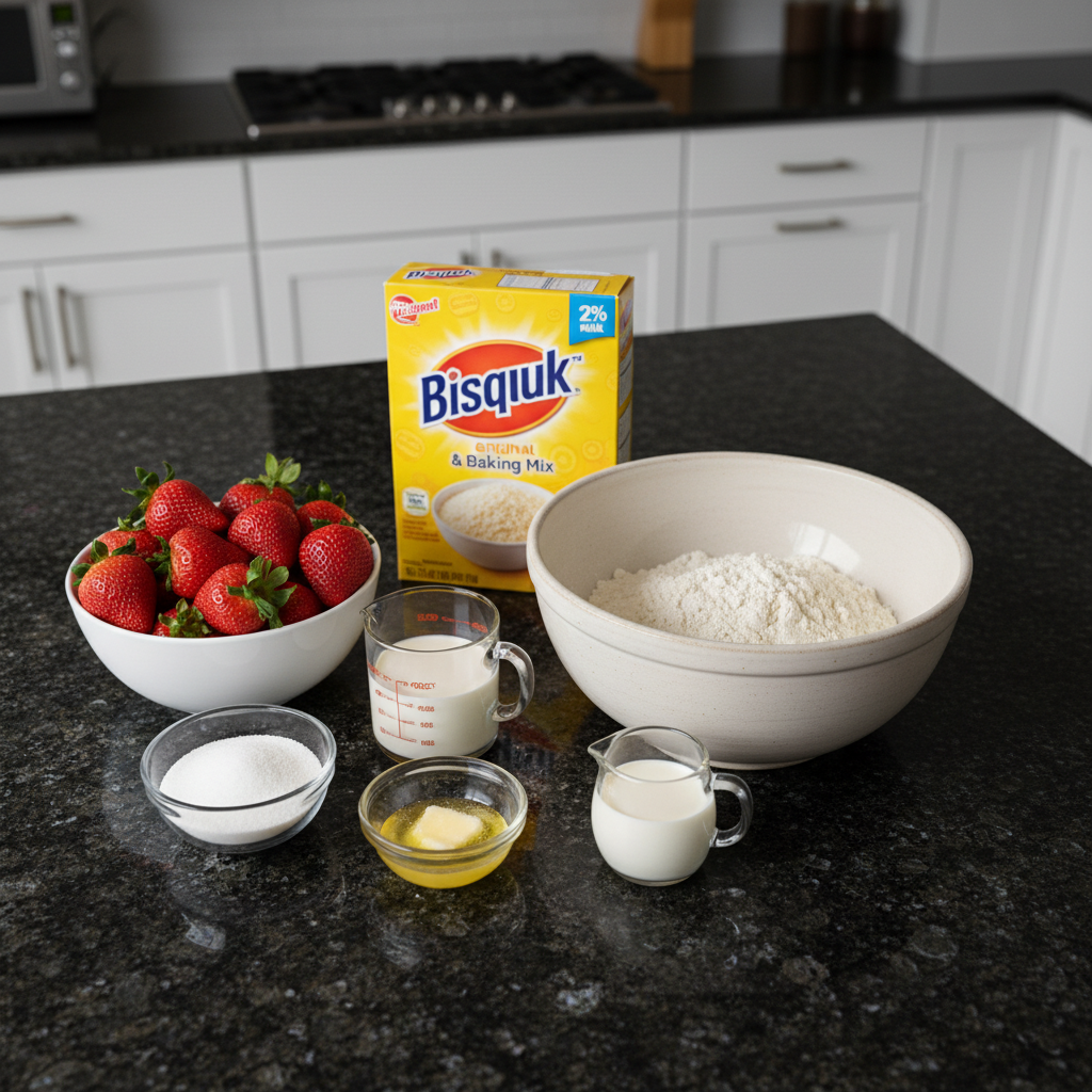 Bisquick strawberry shortcake ingredients: Bisquick, milk, strawberries, sugar, whipped cream.