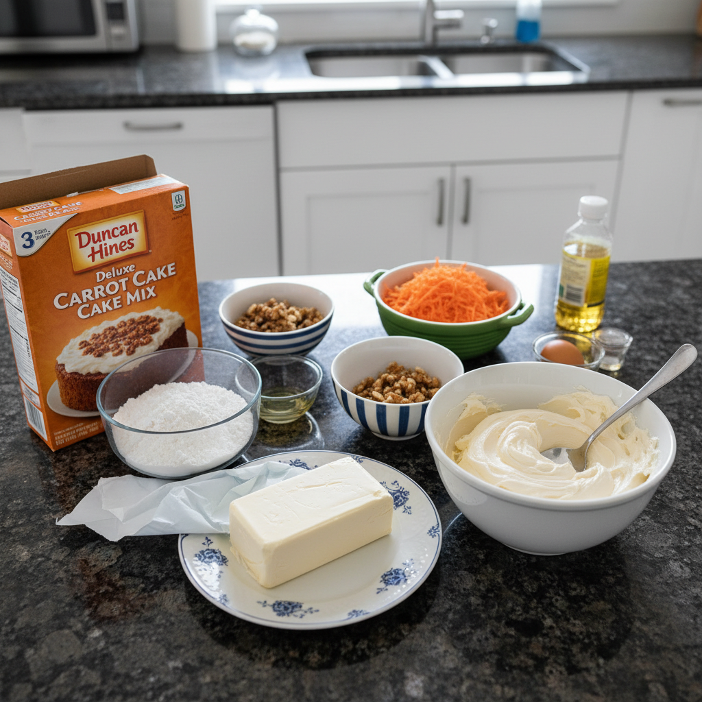 boxed-carrot-cake-roll-recipe-ingredients Ingredients for a boxed carrot cake roll recipe: cake mix, cream cheese, spices