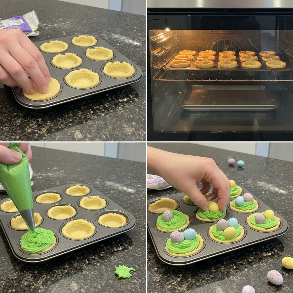 Preparing the cadbury egg cookie cups recipe, pressing dough into muffin tins before baking.