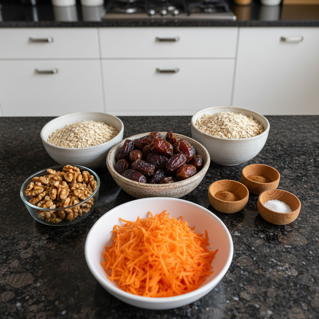 carrot-cake-truffles-ingredients All the no bake carrot cake truffles ingredients laid out on a counter.