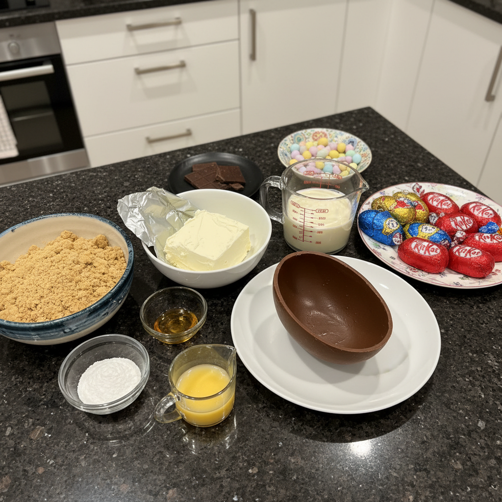 Cheesecake ingredients for chocolate eggs on counter