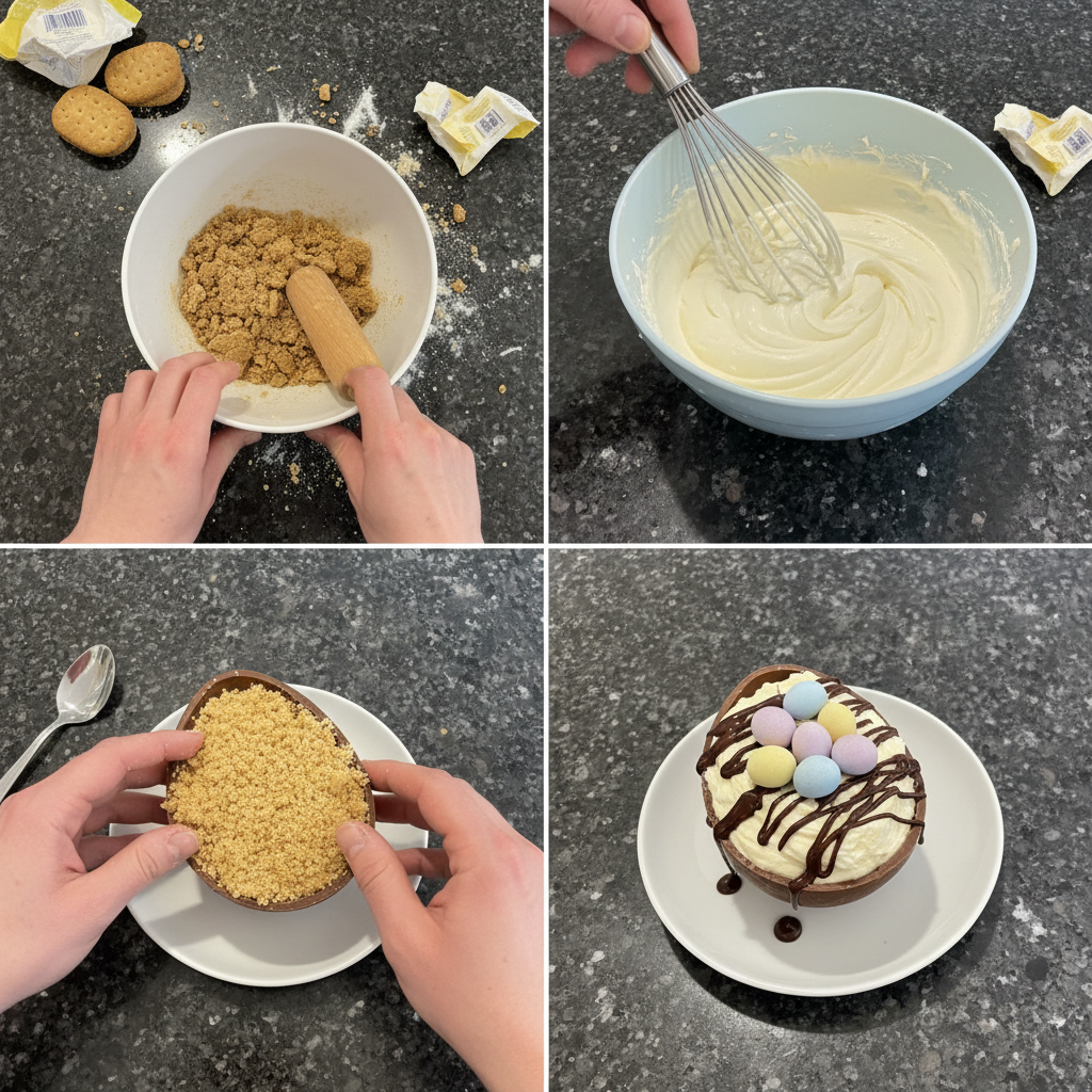 Preparing cheesecake in chocolate eggs filling