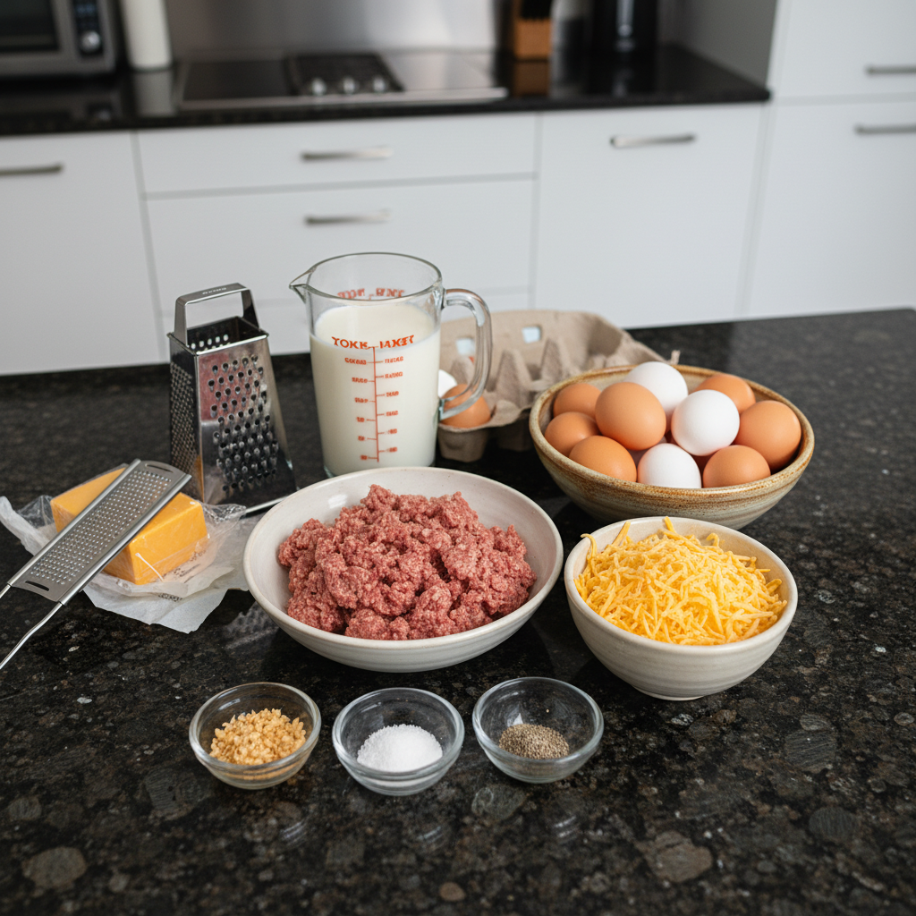 cheesy-sausage-egg-breakfast-bake-ingredients Cheesy Sausage Egg Breakfast Bake ingredients, sausage, eggs, cheese.