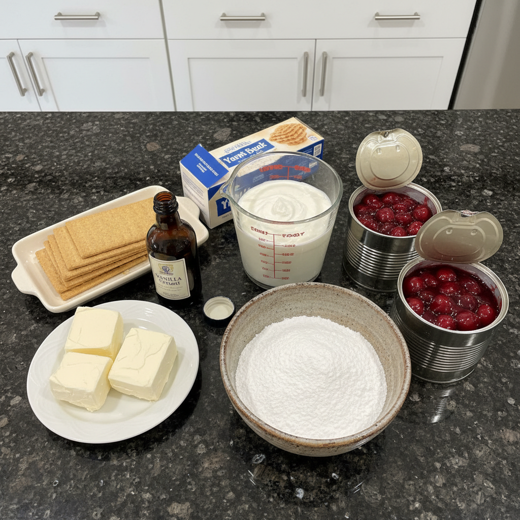 Cherry cheesecake icebox cake ingredients: graham crackers, cherries, cream cheese.