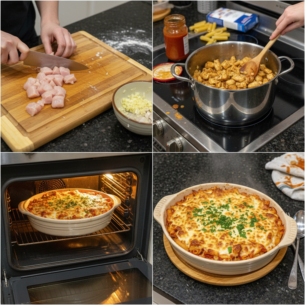 Step-by-step prep shots for making chicken parm pasta at home.