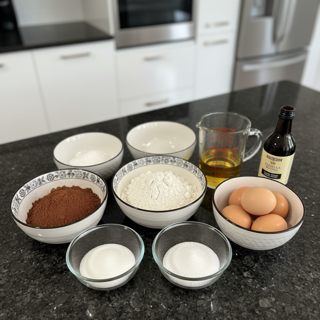 Ingredients for chocolate crinkle cookies including flour, cocoa, sugar and eggs.