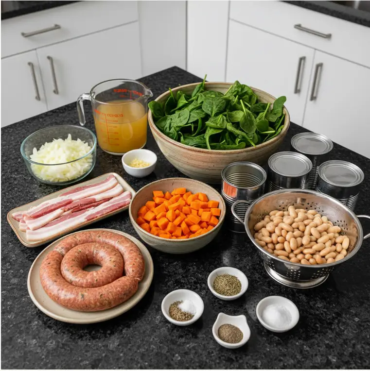 italian-sausage-white-bean-soup-ingredients Ingredients for one-pot Italian sausage and white bean soup, including sausage, beans, broth and vegetables.