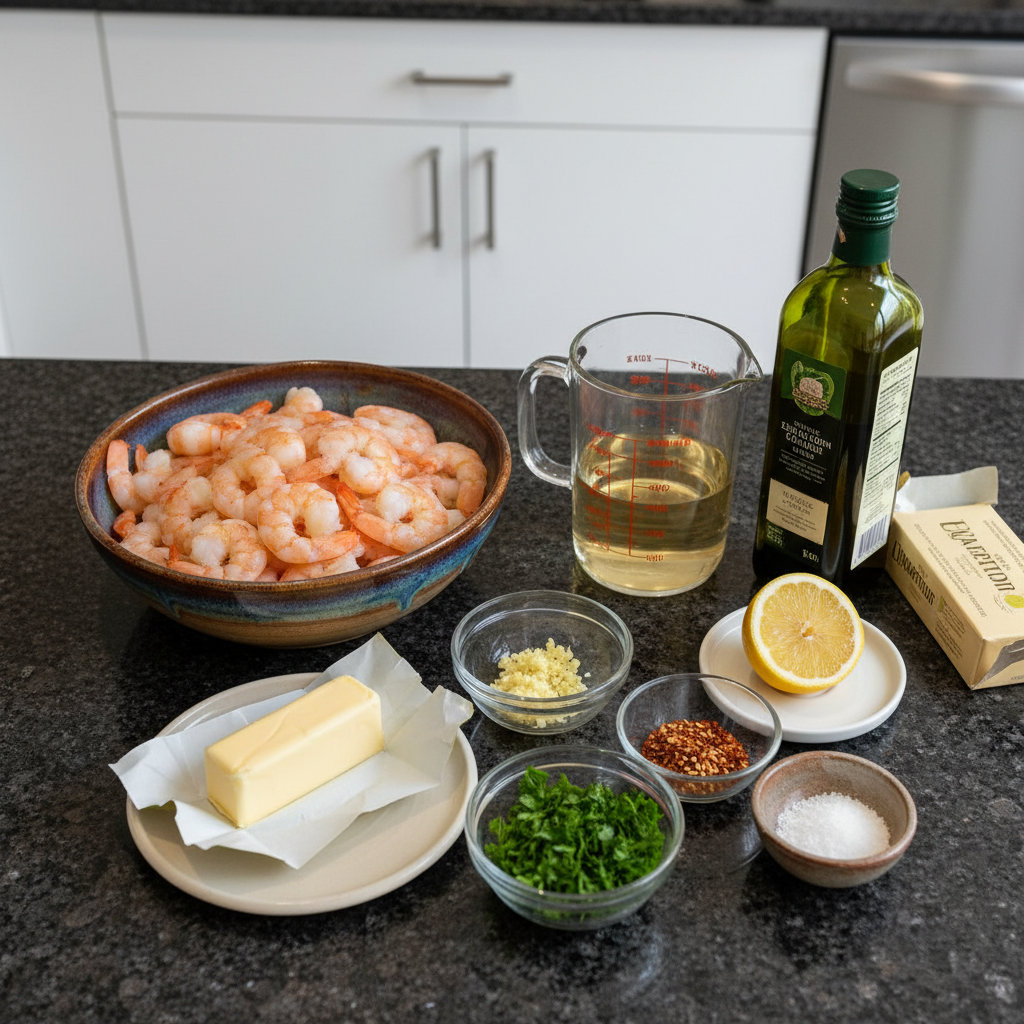classic-shrimp-scampi-ingredients Ingredients for classic shrimp scampi recipe including shrimp, garlic, butter, and lemon.