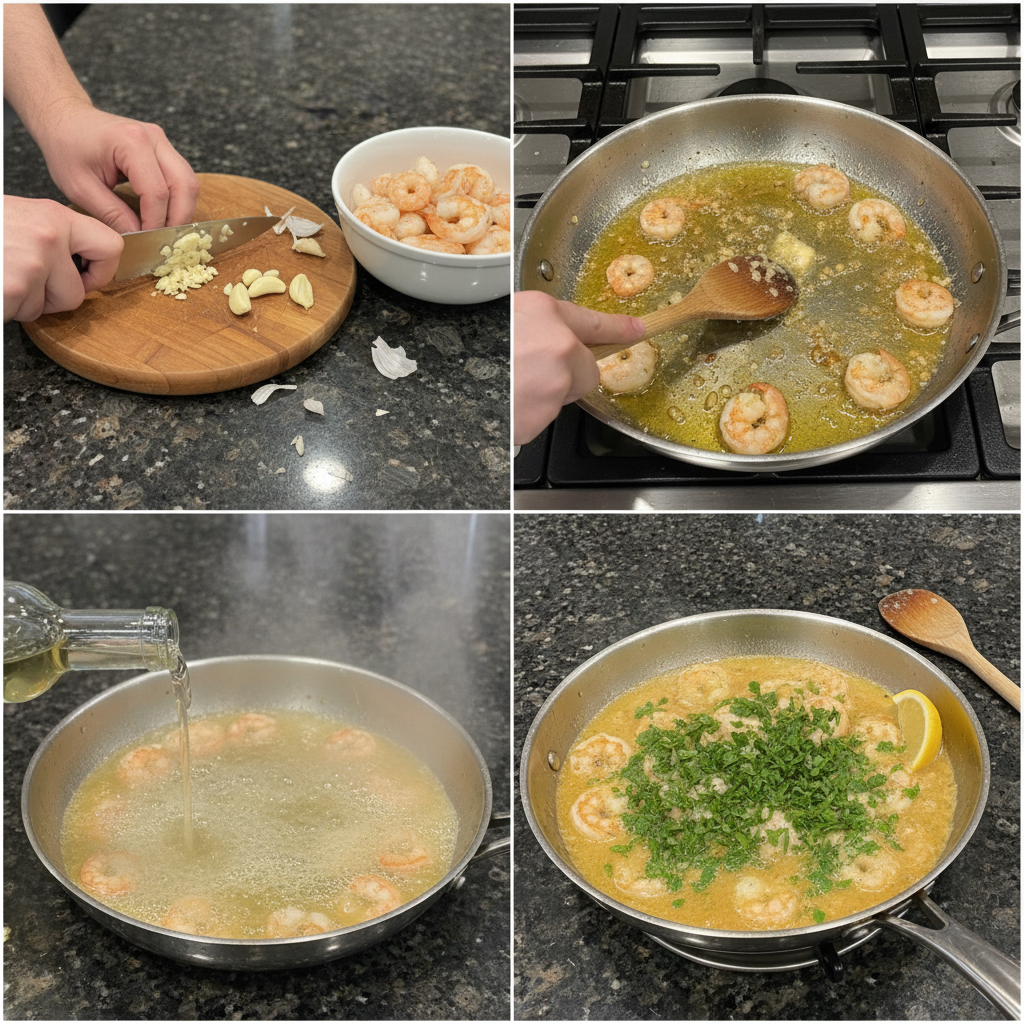classic-shrimp-scampi-prep Shrimp being sauteed in garlic butter for classic shrimp scampi.