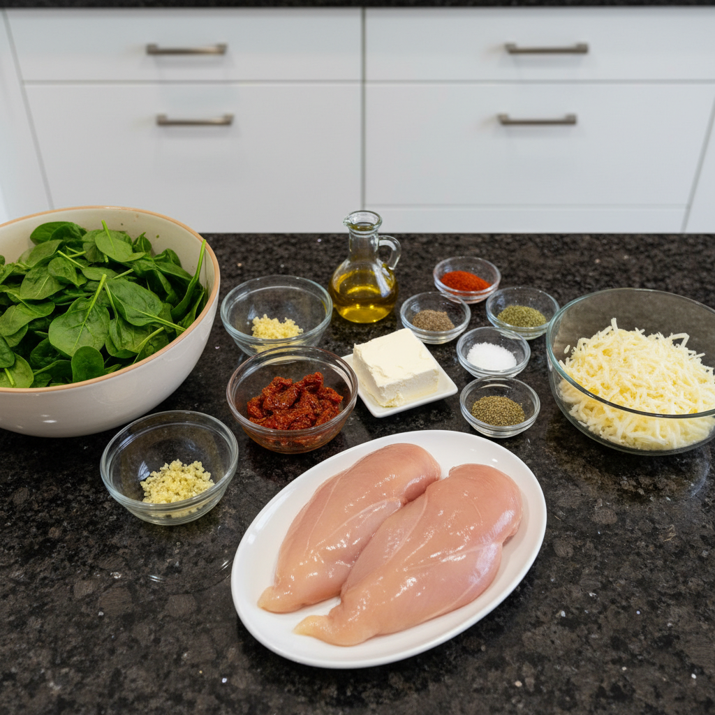 All the fresh ingredients for making delicious copycat stuffed chicken.
