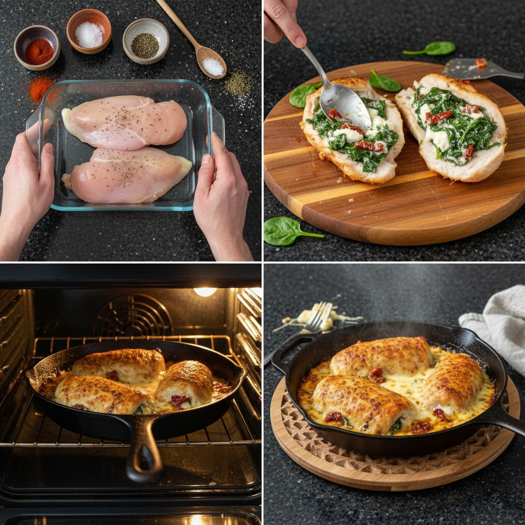 Step-by-step instructions for preparing flavorful copycat stuffed chicken.