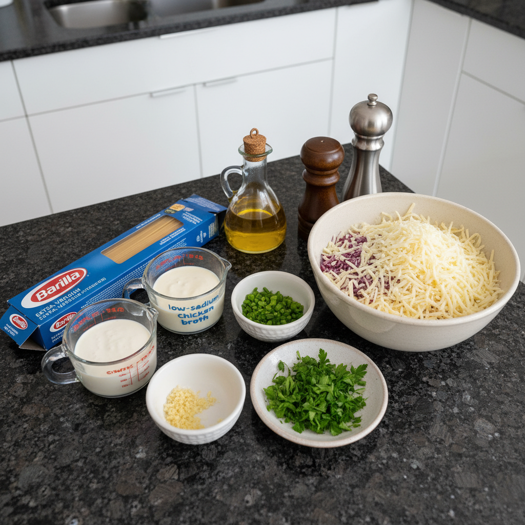 All Creamy Three-Cheese Spaghetti ingredients prepped and displayed.