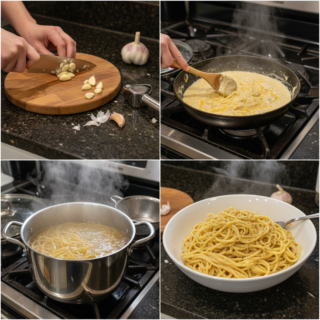 Creamy Three-Cheese Spaghetti being prepared in a pan.