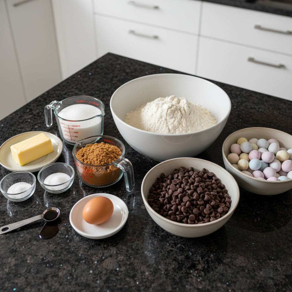 creme-egg-cookies-ingredients Ingredients for creme egg stuffed chocolate chip cookies like flour and creme eggs.