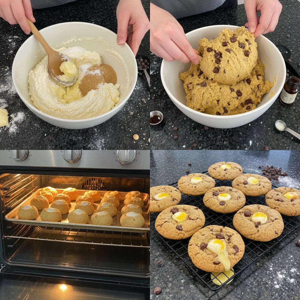creme-egg-cookies-prep Step-by-step preparation of creme egg stuffed chocolate chip cookies dough.