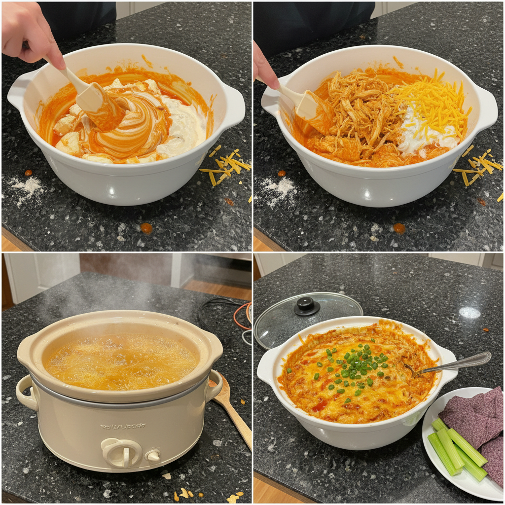 crockpot-buffalo-chicken-dip-prep Shredded chicken being mixed into buffalo dip ingredients.