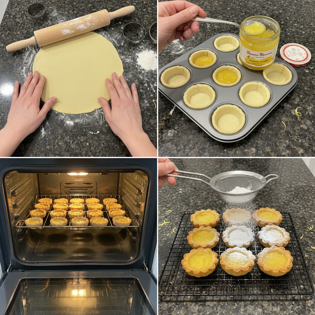 Preparing daisy lemon curd tartlets by filling tart shells.