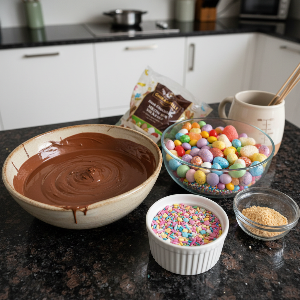 diy-easter-candy-molds-ideas-ingredients Assorted ingredients for diy easter candy molds ideas recipe displayed