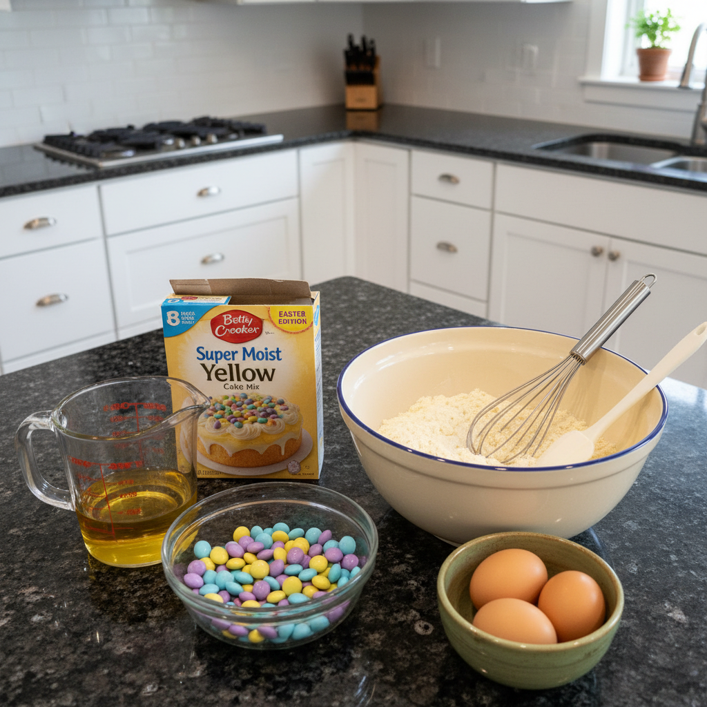 Ingredients for easter cake mix cookie bars m&m recipe.