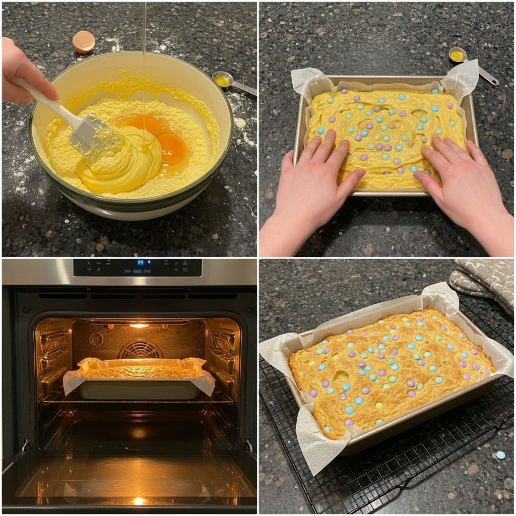 Step-by-step preparation of easter cake mix cookie bars m&m.