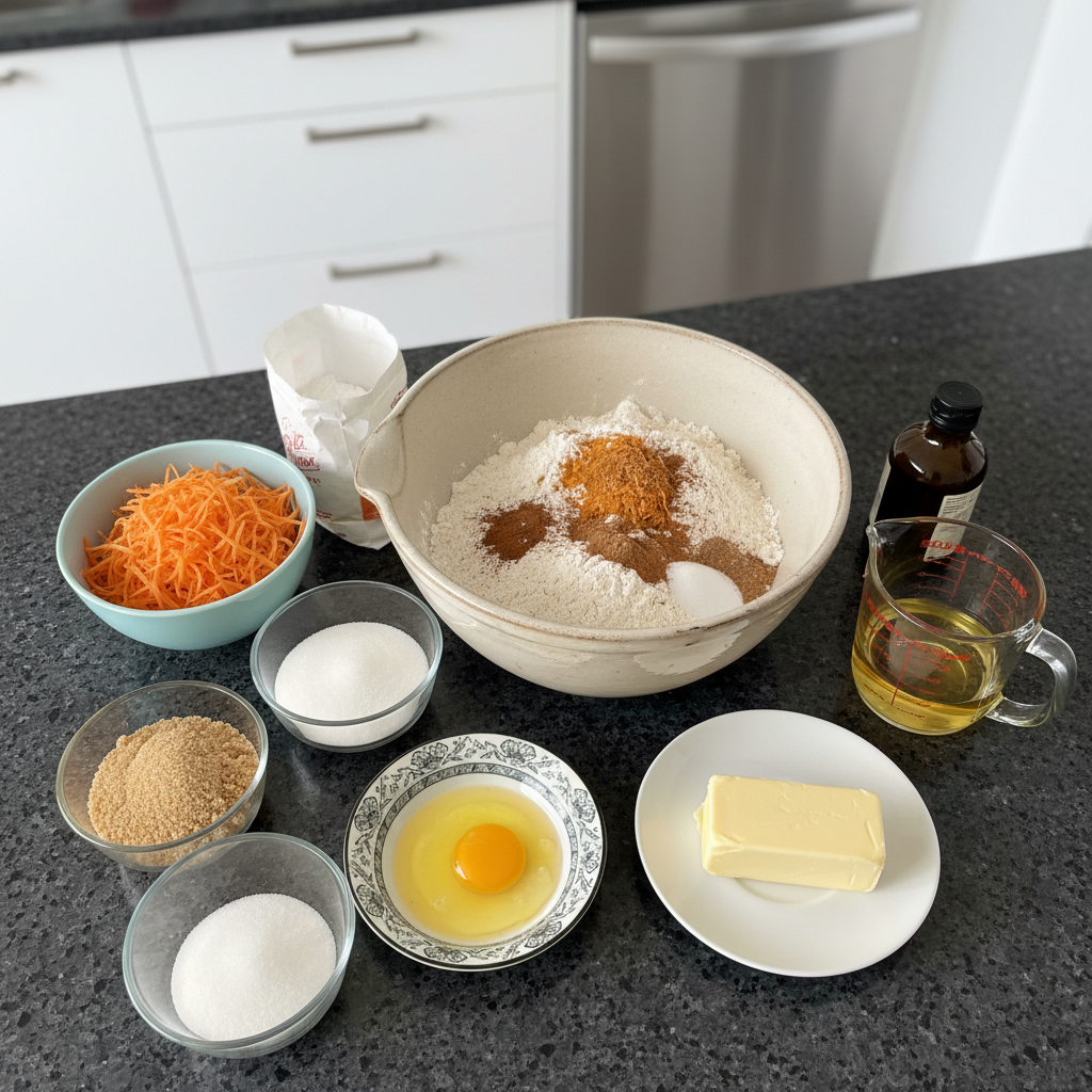 easter-carrot-cake-bites-cream-cheese-ingredients Gathered ingredients for making easter carrot cake cream cheese bites.
