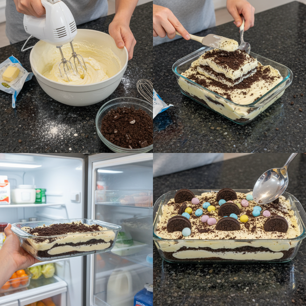 Preparing easter dirt cake casserole no bake in casserole dish
