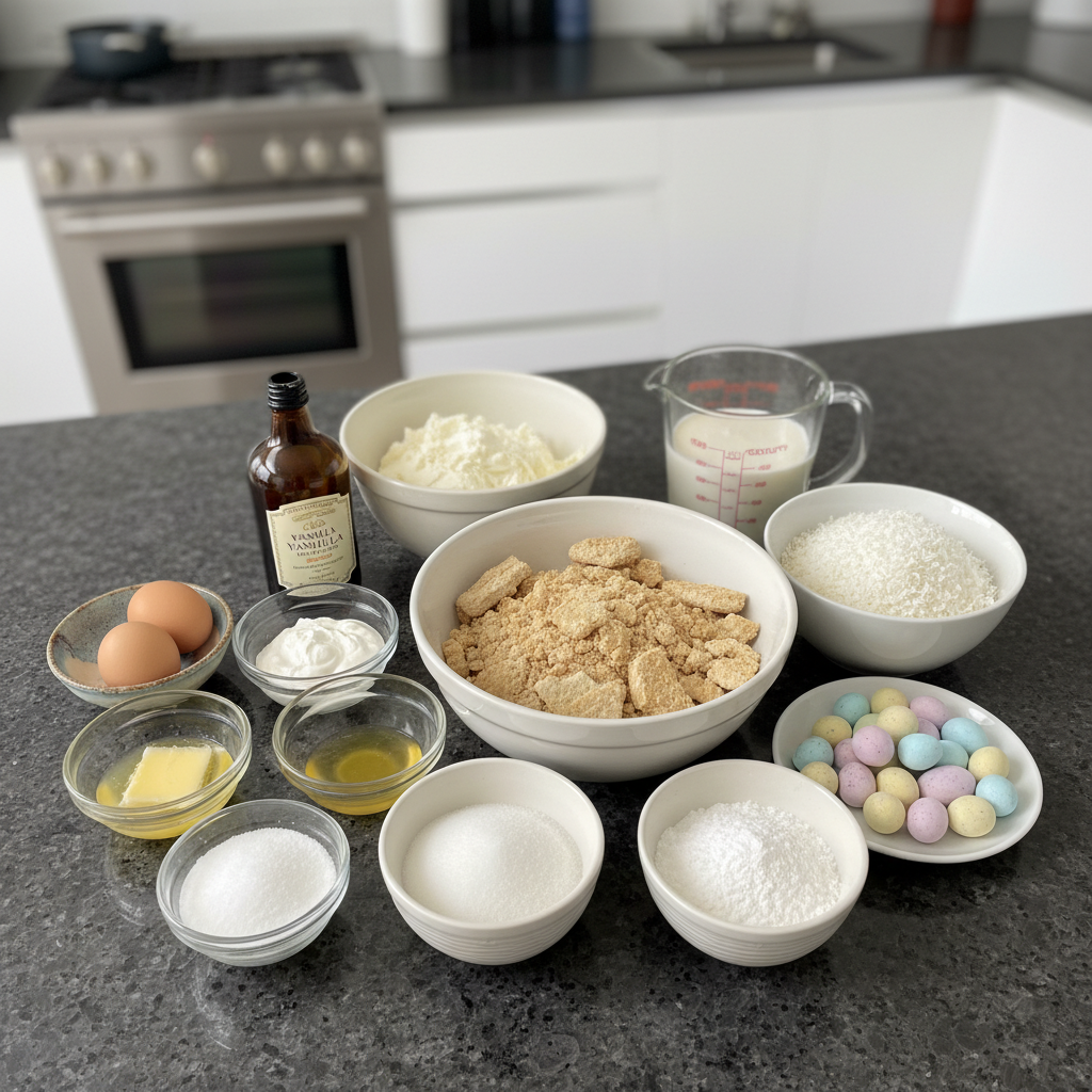 easter-egg-cheesecake-bites-mini-ingredients All ingredients for easter egg cheesecake bites mini recipe laid out.