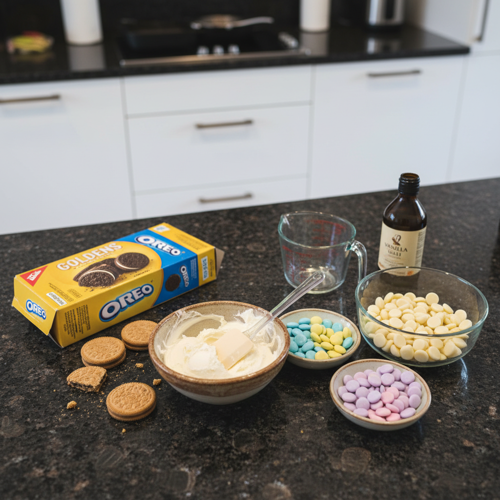 easter-egg-oreo-balls-white-chocolate-ingredients All the ingredients needed to make white chocolate easter egg Oreo balls.