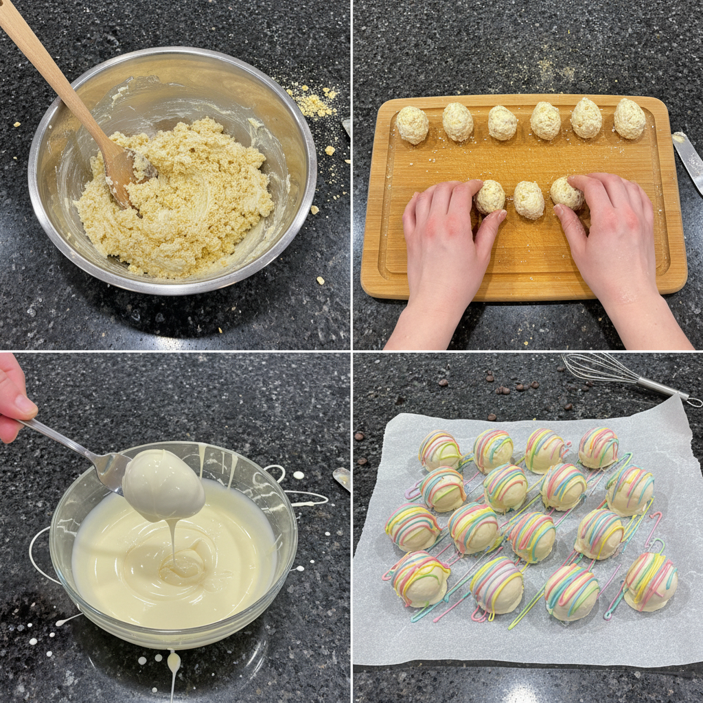 easter-egg-oreo-balls-white-chocolate-prep Step-by-step preparation of easter egg Oreo balls with white chocolate.
