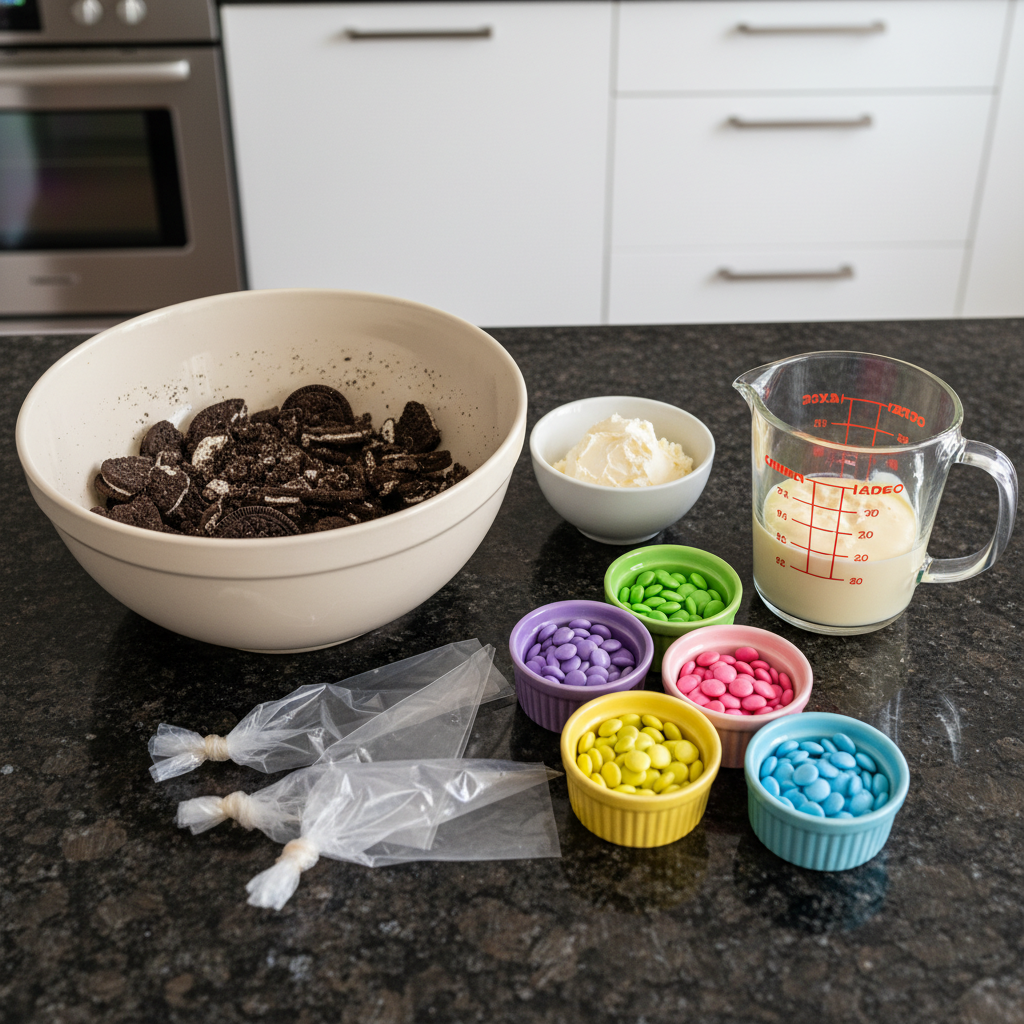 easter-oreo-truffles-ingredients Easter Oreo truffles white chocolate ingredients: Oreos, cream cheese, white chocolate.