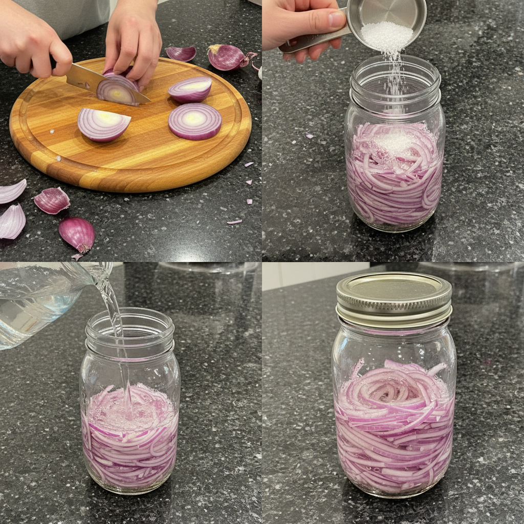 Step-by-step guide to preparing fermented onions, showing slicing and packing into a jar.