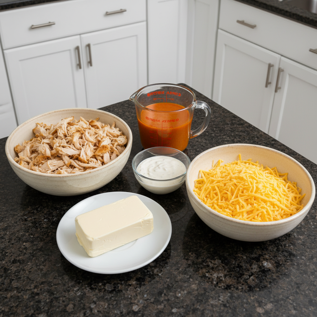 five-ingredient-buffalo-chicken-dip-ingredients Close up of the five ingredient buffalo chicken dip ingredients laid out in bowls.