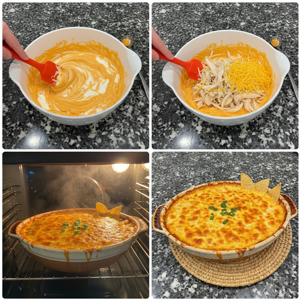 five-ingredient-buffalo-chicken-dip-prep Step by step instructions for preparing five ingredient buffalo chicken dip.