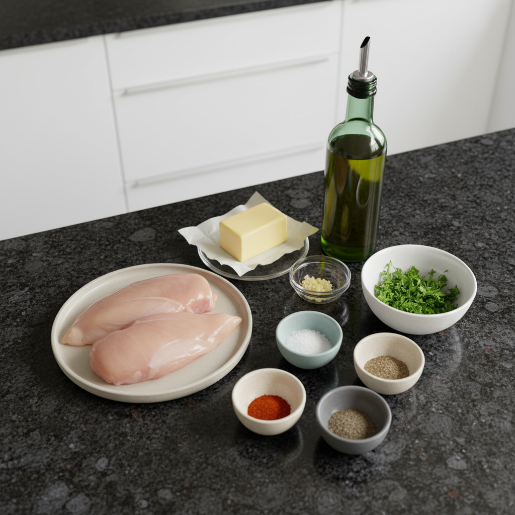 All the ingredients needed to make delicious garlic butter baked chicken.