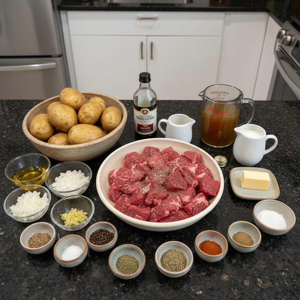 Raw ingredients for garlic butter beef and potatoes on a wooden cutting board.