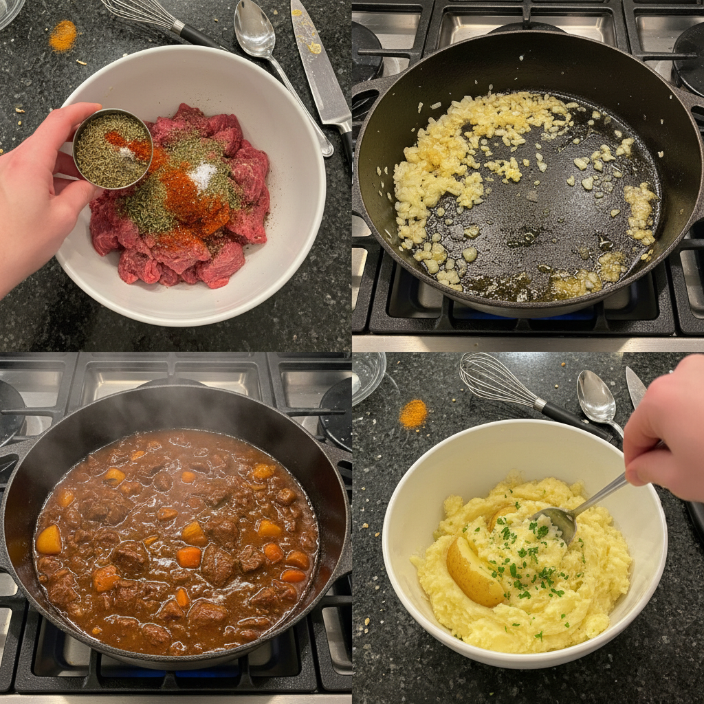 Step-by-step prep of garlic butter beef and potatoes in a cast iron skillet.