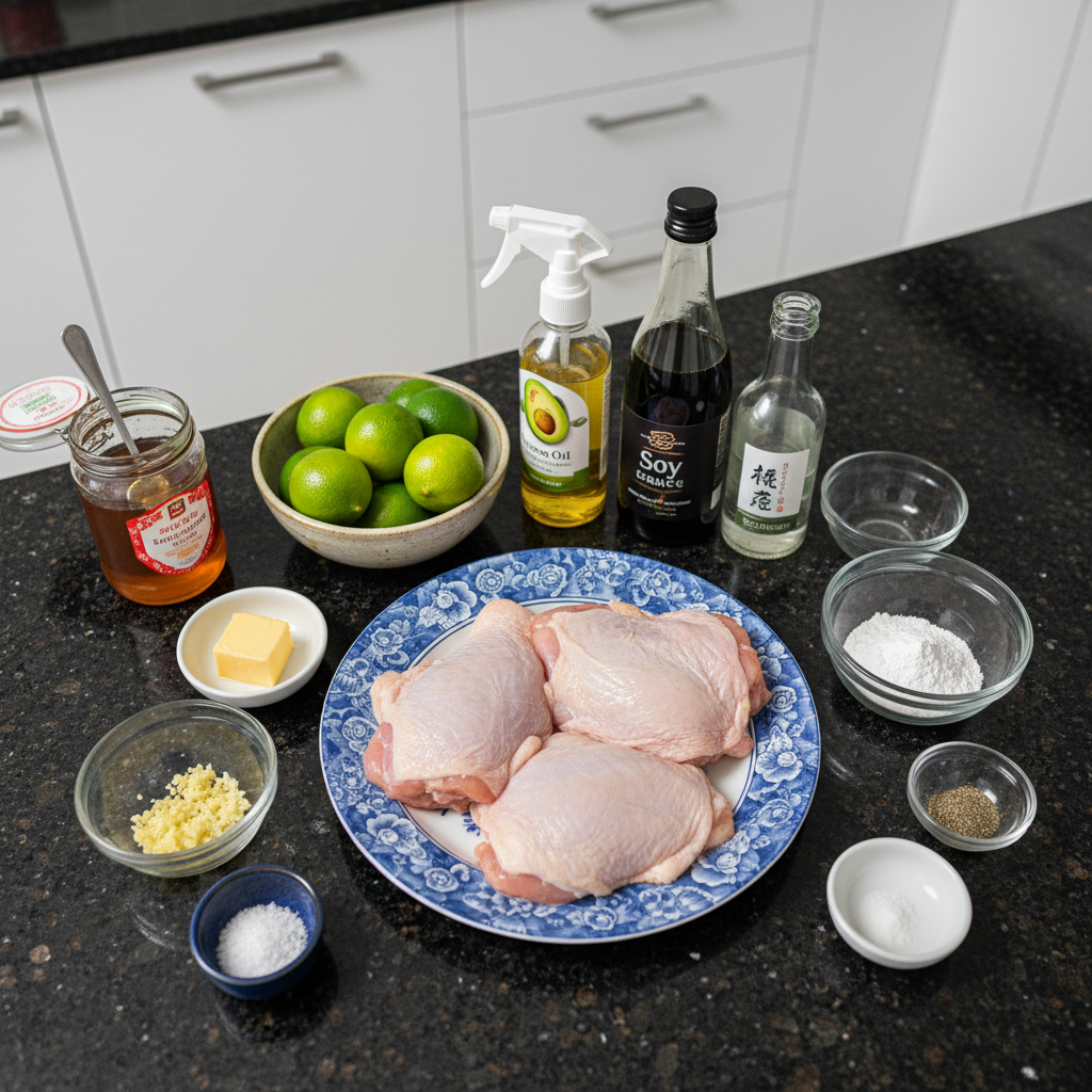Raw chicken thighs and honey garlic sauce ingredients prepped for cooking.