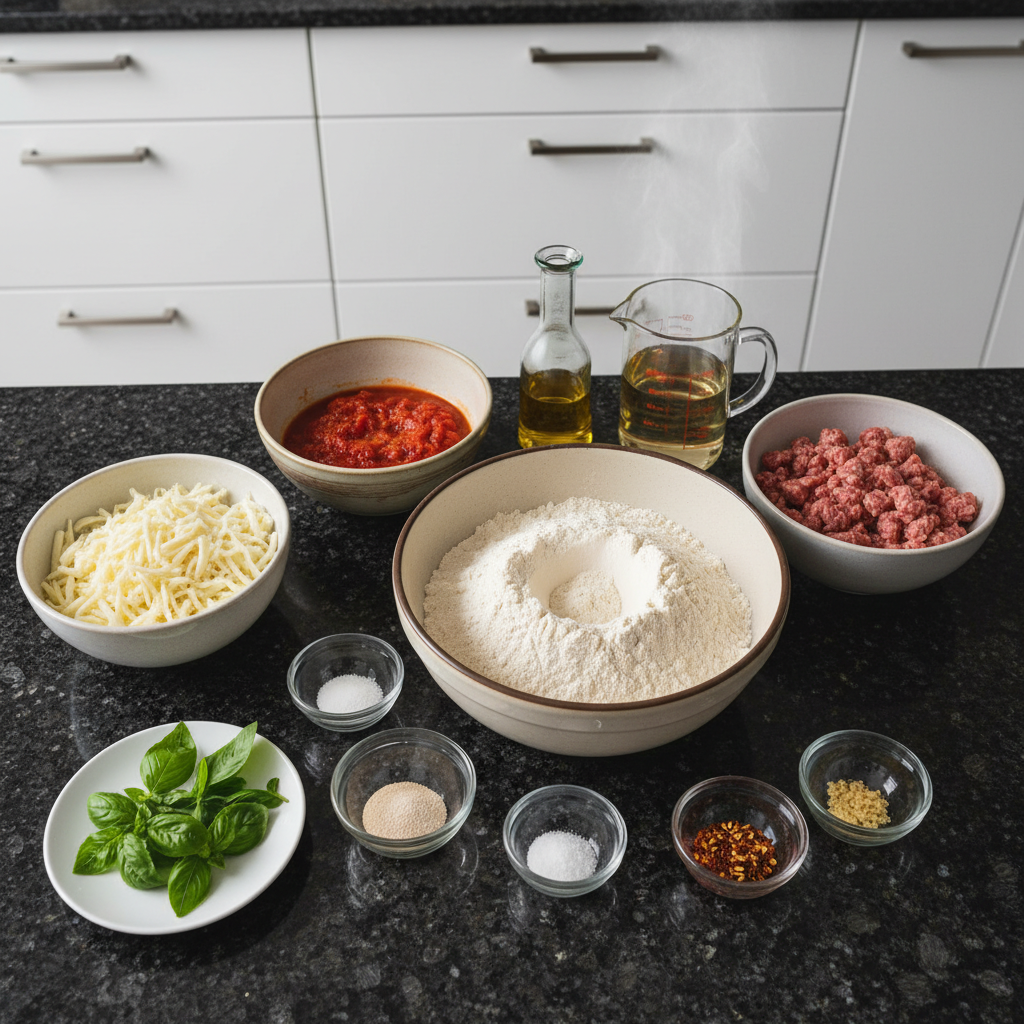 Ingredients for hot sausage cast-iron skillet pan pizza recipe.
