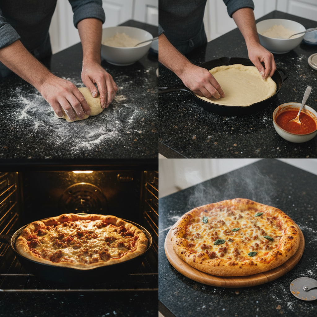 Preparing hot sausage cast-iron skillet pan pizza in kitchen.