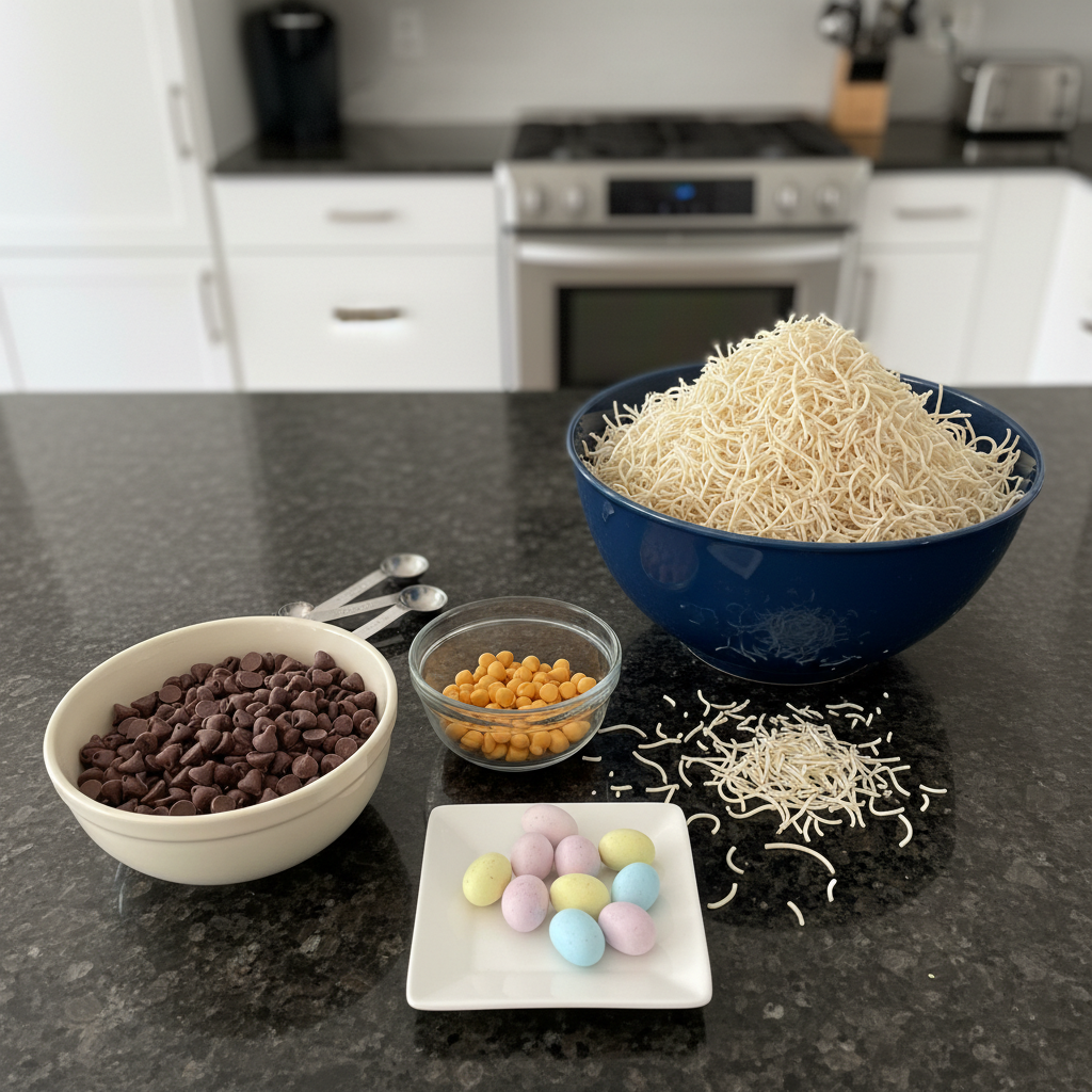 Ingredients for no bake chow mein birds nest cookies ready to mix